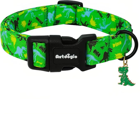 Dinosaur Dog Collar，Green with Multicolor Dino Pattern Handmade Cotton Collar for Small Medium Large Dogs, Adjustable & Comfortable Puppy Collar for Daily Walks, Park Adventures or Photos-L