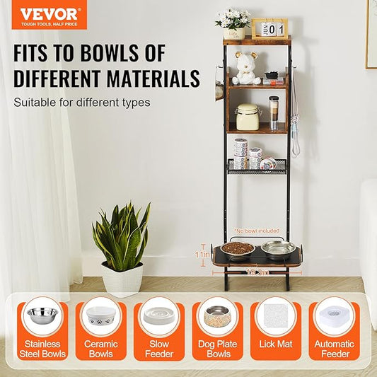 VEVOR Elevated Dog Bowls with 7 Adjustable Height, Dog Feeding Station with Storage, Raised Dog Bowl Stand, Lifted Dog Bowl Holder Cabinet Shelf with Pet Food Toy Organizer for Large Medium Small Dogs