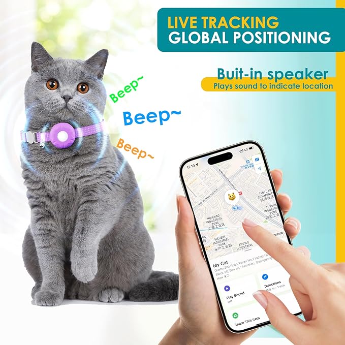 Cat Tracker, Waterproof Pet Tracker for Cats, Cat GPS Tracker Collar with Safety Elastic Buckle, Works with Any Collar, GPS Tracker Compatible with Apple Find My App (Only iOS), No Monthly Fee, Purple
