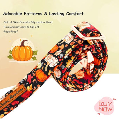 Fall Dog Collar, Leaf Pumpkin Print Adjustable Pet Collar Cute Cotton Soft Collars with Bow Tie Metal Buckle Holiday Puppy Collars Boy&Girl Gift for Large Dogs