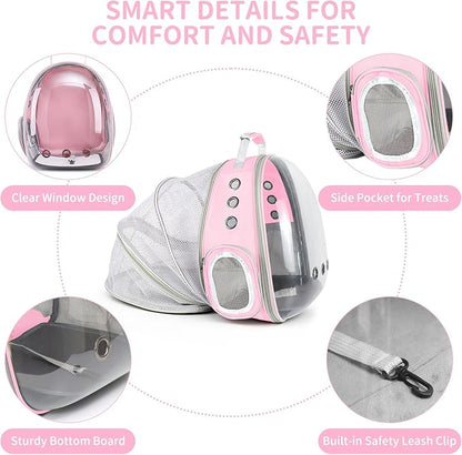Cat Backpack Carrier, Back Expandable Pet Backpack with Bubble Window, Airline Approved Pet Travel Bag for Small/Medium Cats & Puppies, Hiking, Camping, Outdoor Use (Pink)
