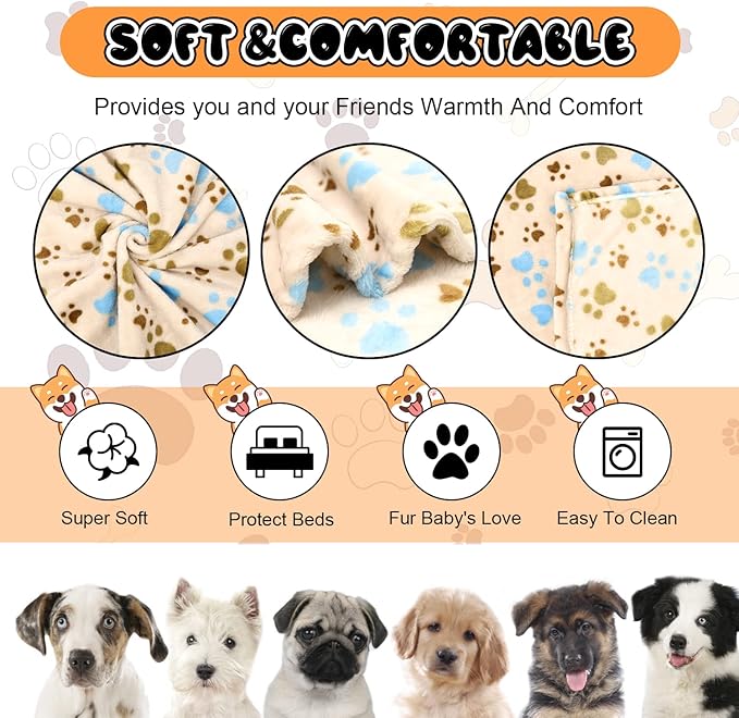 Rezutan Dog Blanket for Large Dogs, Upgraded 3 Pack Dog Cat Flannel Blankets Washable, Soft Pet Mat Throw Cover Suitable for Kennel Crate Bed, Cute Paw Pattern, Beige, 31" x 41"