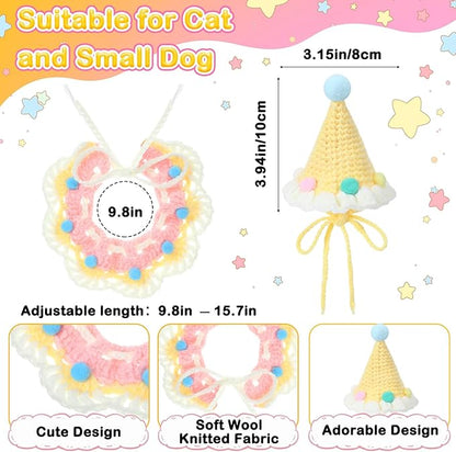 Sanwuta 2 Pcs Cat Birthday Party Supplies, Knit Cat Hat Kitten Birthday Bib Knit Bandana Pet Party Costume Headwear Accessories for Puppy Kitten Small Dogs Animals (Cream Yellow)