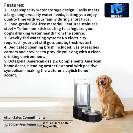 Sfozstra Large Dog Water Dispenser: 9L Gravity Black Gravity Water Feeder - Dishwasher-Safe Stainless Steel Bowl - Easy Clean - for Medium/Large Dogs - Multi-Pet Homes - Garage/Garden/Patio
