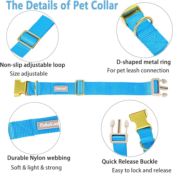 Nylon Dog Collar - Adjustable Blue Soft Webbing Dog Collars for Small Medium Large Dogs Boy Girl Puppy Collar with Safety Metal Buckle L