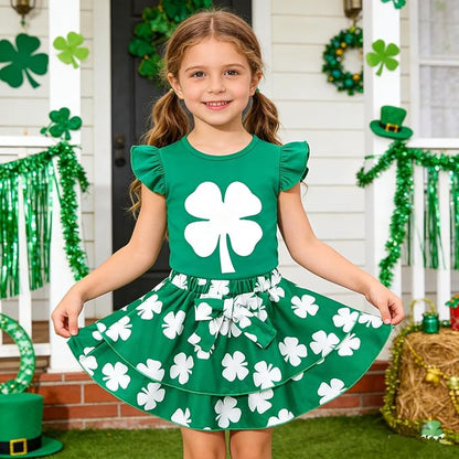 Girls Skirt Set 2 Piece Outfit Toddler Summer Clothes Ruffle Sleeve T-Shirt Bow Knot Tutu Skirt Outfit Set