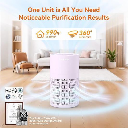 AIRROMI Air Purifier for Bedroom with HEPA 3-in-1 Filter, Pet Air Purifier for Home Cat Pee Smell, Covers Upto 990 Ft², Quiet 360°intake Air Cleaner for Pet Hair,Allergies,Pollen,Smoke A2001 Purple