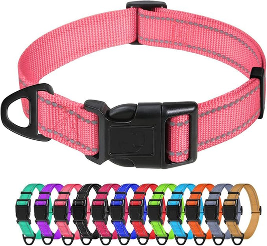 TagME Reflective Nylon Dog Collars, Adjustable Classic Pet Collar with Quick Release Buckle for Large Dogs, Baby Pink, 1.0" Width