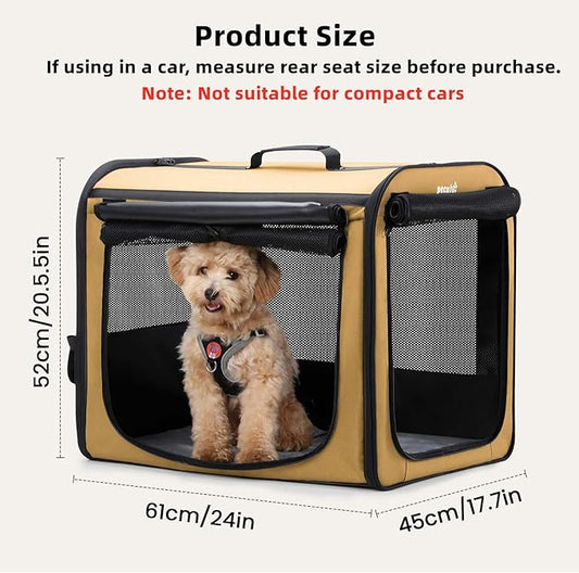 Dog Car Carrier Light Weight 24×17.7×20.5 in, Dog Carrier Easy to Assemble, Dog Car Crate Portable and Breathable, Foldable Pet Carrier for Indoor and Outdoor Use, Dogs Travel Crate with Curtain Brown