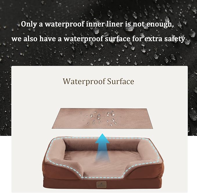 Bedfolks Orthopedic Dog Bed, Waterproof Dog Sofa Bed for Small Dogs & Cats, Egg Foam Pet Couch Bed with Removable Washable Cover and Nonslip Bottom, Brown