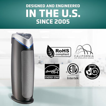 GermGuardian HEPA Air Purifier for Home, Large Rooms - 743 Sq. Ft. with HEPA Air Filter, UV-C Light & Odor Reduction, AC4825E, 22" Tower, Gray