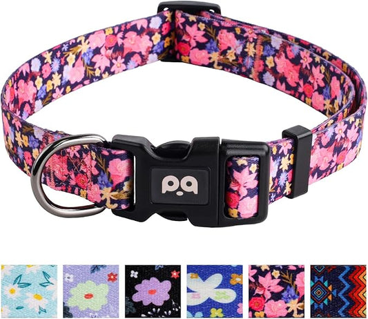 QQPETS Adjustable Soft Dog Collar: Print Flower Pink Multicolor Cute Patterns for XS Small Medium Large Pet Girl Boy Puppy Walking Running Training