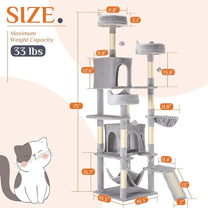 Sweetcrispy Cat Tree 75 Inch, Large Multi-Level Tall Cat Tree Tower with Condo, Perches, Sisal Scratching Posts Board and Hammock, Pet Play House with Dangling Balls for Indoor Cats, Light Grey