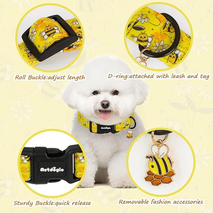 Yellow Dog Collar for Medium Dogs, Spring & Summer Theme Medium Dog Collars Featuring Bee Pollinating White Flowers Pattern, Adjustable Cotton Collar for Girl Boy Dogs -M