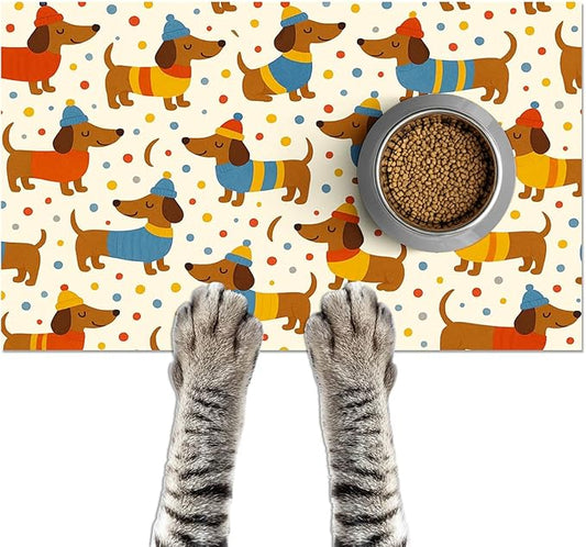 Adorable Dachshund Puppy Pet Food Mat with Colorful Polka Dot Pattern Pet Bowl Mat for Dogs and Cats Non Slip Feeding Mats Easy Clean Fast Dry Cat and Dog Feedings Mats 20" x 12"