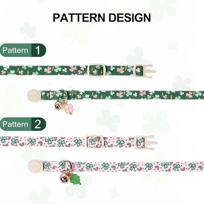 Lionet Paws 2pcs Pack St. Patrick Cotton Cat Collar,Breakaway Buckle with Green Clover and Rainbow Adjustable Pink Cat Kitten Collar,Ideal for Girl Cats Boy