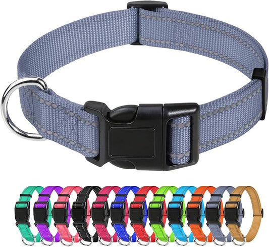 TagME Reflective Nylon Dog Collars, Adjustable Classic Pet Collar with Quick Release Buckle for Extra Large Dogs, Grey, 1¼"Width