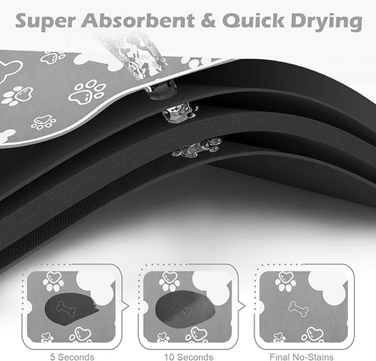 Dog Cat Food Mat,Rapid Absorbent Pet Feeding Mat, Bone Shaped Dog Placemat Water Bowl Mat with Rubber Backing,No Stains Dog Cat Food Mats Indoor, Pet Accessories Supplies 23"x36" Grey