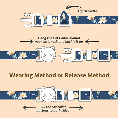 2 Pack Cotton Breakaway Cat Collar White and Blue Flowers Pendant Cute Kitten Cat Collar with Bell