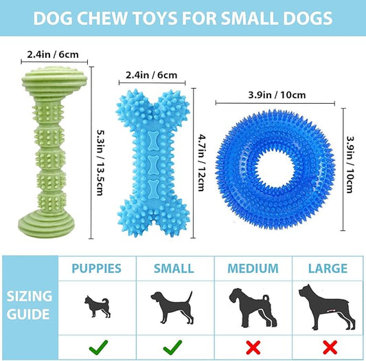 3-Pack Puppy Chew Toys for Teething Relief – Soft & Durable Rubber Toys for Small & Medium Puppies, Includes Squeaky Donut, Bone & Food-Dispensing Toys for Teeth Cleaning & Oral Health