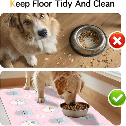 Cat Feedings Mats 20x12 inch Pink Kitten Print Pet Bowl Placemat Non Slip Mat for Cat Food and Water Indoor Kitty Feeding Station Cute Cats Meal Mats for Small Pets Kitchen Floor Use