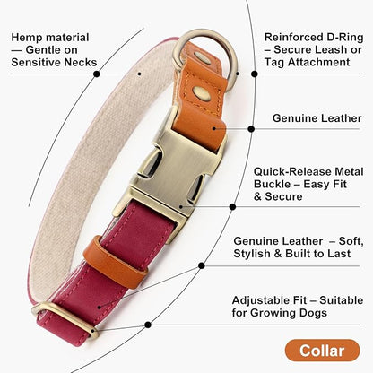 Plutus Pet Genuine Leather & Hemp Dog Collar – Adjustable Heavy Duty Pet Collar with Quick Release Metal Buckle, Soft & Stylish for Puppy and Small, Medium, Large Dogs (Burgundy, S)
