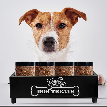 Large Dog Treats Container, Dog Cookie Jar for Dogs Cat Treats Container, Farmhouse Wood Pet Treats Storage Organizer for Dog Food Storage Container with 4 Jars, Cat Dog Treat Organizer