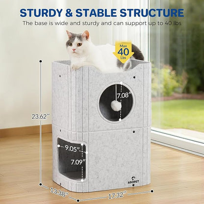 Cat House for Indoor Cats, 2-Storey Cat Bed Cave, Felt Cat Hideaway Condo with Resistant Scratching Freedom Kitten Cube for Multicats Light Gray