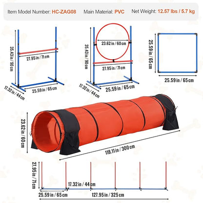 VEVOR Dog Agility Training Equipment, Dog Obstacle Course Backyard Set with Adjustable High Hurdles,6 Weave Poles,Extended Tunnel,Jump Ring,Pause Box,Whistle Foldable Bowl Training Pouch Storage Bag