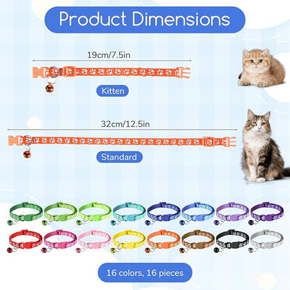 Breakaway Cat Collars with Bells, 16 PCS Breakaway Cat Collars Reflective Safety Kitten Collar Adjustable for Cats Small Dogs, Mixed Colors