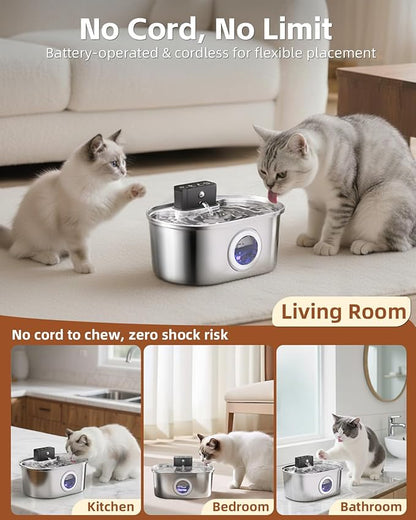 Cat Water Fountain Wireless - Stainless Steel 3.2L/108oz Cordless Pet Fountain - Battery Operated Automatic Water Dispenser for Cats Indoor, with Motion Sensor & Quiet Pump