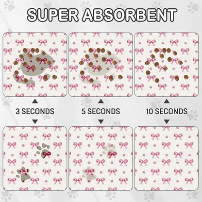 Pink Bow Dog Food Mat for Pet Cat Food Mat, Paws Absorbent Quick Dry Dog Bowl Mats for Food and Water, Non-Slip Cat Pet Feeding Mats for Floor Placemats 12"x20"