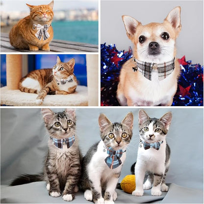Cat Collar with Bells Breakaway, Bowtie Cat Collar for Boy Girl Cats with Removable Shirt Collar, Cute Plaid Kitten Collar with Bell & Pendant Adjustable, 3 Pack Beige Cat Collars