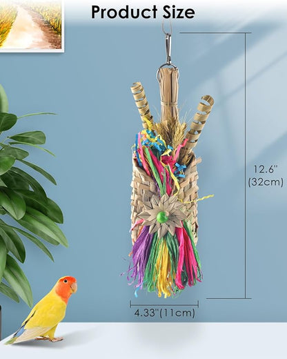 Bissap Bird Chew Toys, Parrot Foraging Shredder Natural Palm Frond Woven Bag Hanging Cage Toy with Chewing Treats for Conure Budgie Cockatiel Cockatoos and Similar Sized Pet Birds