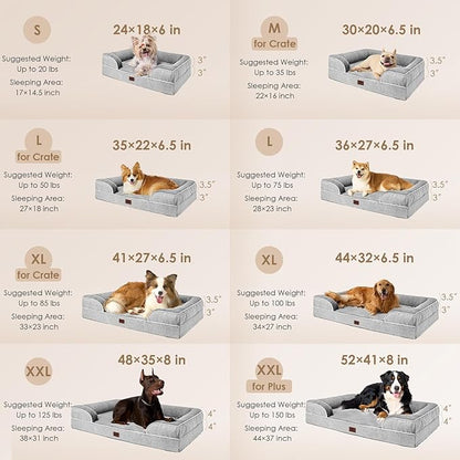 EHEYCIGA Orthopedic Dog Beds for Extra Large Dogs, Waterproof Memory Foam XXL Pet Bed with Sides, Non-Slip Bottom and Egg-Crate Foam Big Dog Couch Bed with Washable Removable Cover, Grey