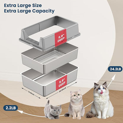 Stainless Steel Sifting Litter Box for Pine Pellets, 23.6" x 15.7" x 11.8" Large Sifting Cat Litter Box with Sifter, High Side for Big Cats, Anti-Leakage, Odor Control, Includes Scooper