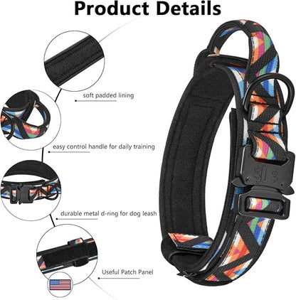 DAGANXI Tactical Dog Collar, Adjustable Military Training Nylon Dog Collar with Control Handle and Heavy Metal Buckle for Medium and Large Dogs, with Patches & Airtags Case (M, Colorful Triangle-Set)