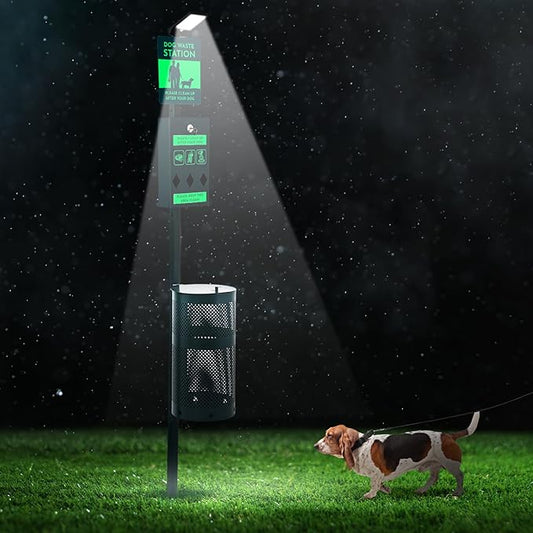Dog Waste Station with Solar Panels Outdoor LED Galvanized Steel Dog Trash Bin Dispenser Light up at Night Rust Proof Pet Trash Station for Commercial Park Backyard(Classic)