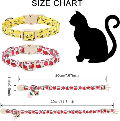 2 Pack Bee Cat Collars Breakaway with Bell, DOGWONG Safety Buckle Cute Strawberry Cat Collar for Girl Boy Cats，Adjustable 7-12 Inch