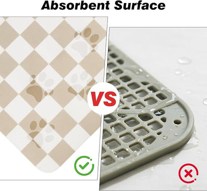 Checkered Dog Food Mat, Absorbent Leak-Proof Pet Feeding Mat, Quick Dry Cat Food Mat for Messy Drinkers 12" x 20" Khaki