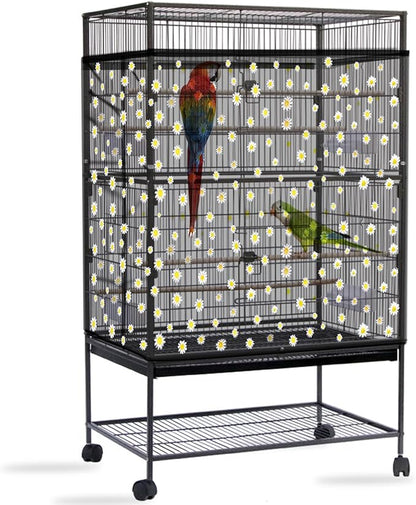 Daoeny Bird Cage Seed Catcher, Large Bird Cage Cover, Adjustable Soft Airy Nylon Mesh Net, Birdcage Cover Skirt Seed Guard for Parrot Parakeet Macaw African Round Square Cages (Black, Daisy Design)
