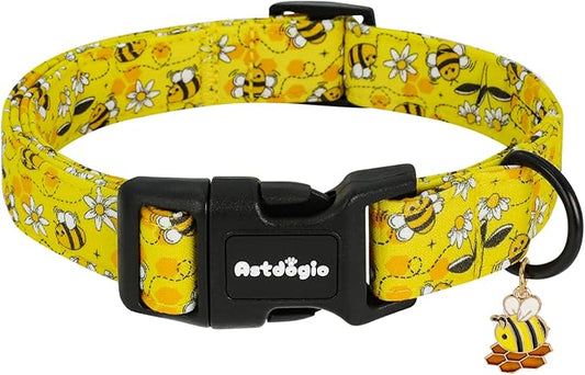 Yellow Dog Collar for Large Dogs, Spring & Summer Theme Large Dog Collars Featuring Bee Pollinating White Flowers Pattern, Adjustable Cotton Collar for Girl Boy Dogs -L