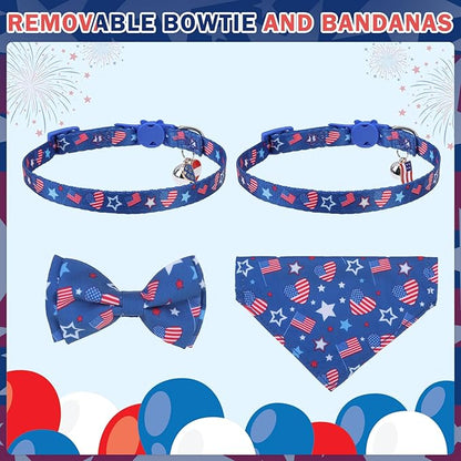 SCENEREAL Independence Cat Collar with Bells, 2 Pack Breakaway Cat Collars with Removable Bowtie Bandana, Adjustable Cute Kitten Collar for Pet Small Dogs Boys Girls