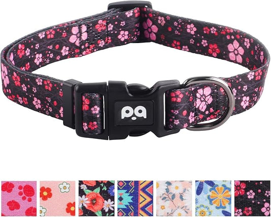 QQPETS Adjustable Soft Dog Collar: Print Flower Pink Multicolor Cute Patterns for XS Small Medium Large Pet Girl Boy Puppy Walking Running Training