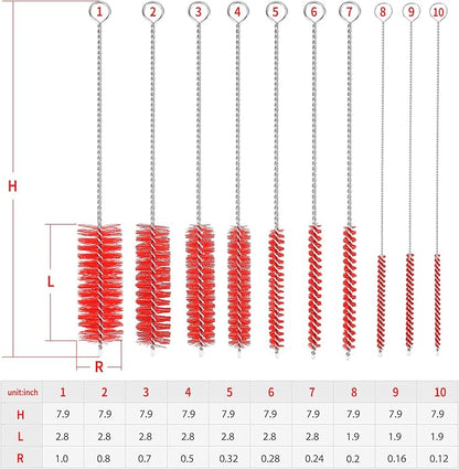 CiaraQ Bottle Cleaning Brushes, 8 Inch Nylon Tube Brush Set, Cleaner for Narrow Neck Bottles Cups with Hook, Set of 10pcs.