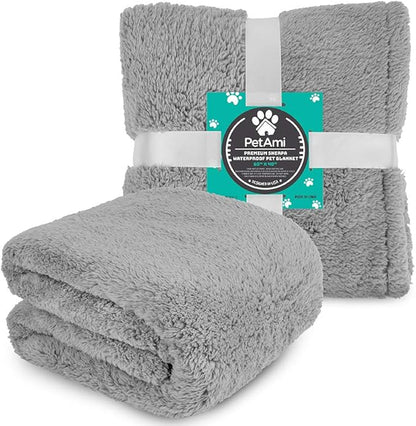 PetAmi Fluffy Waterproof Dog Blanket for Medium Large Dogs, Soft Warm Pet Sherpa Throw Pee Proof Couch Cover, Reversible Cat Bed Blanket Sofa Protector, Plush Washable Pad (Light Grey, 40x60)