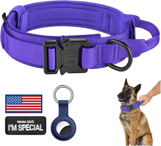 DAGANXI Tactical Dog Collar, Adjustable Military Training Nylon Dog Collar with Control Handle and Heavy Metal Buckle for Medium and Large Dogs, with Patches and Airtags Case (Purple, L)