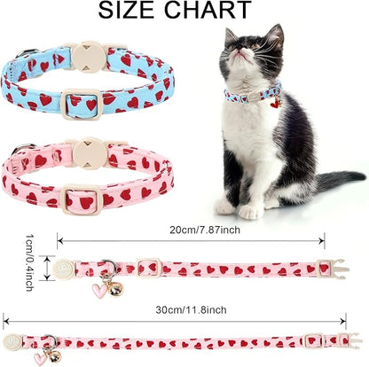 Cat Collar, 2Pack Valentine's Day Cat Collars-Cute Breakaway Cat Collar with Bell & Pendant, Sweet Heart Kitten Collars Pink Hearts with Safety Buckle for Girl and Boy Cats, 7-12Inch