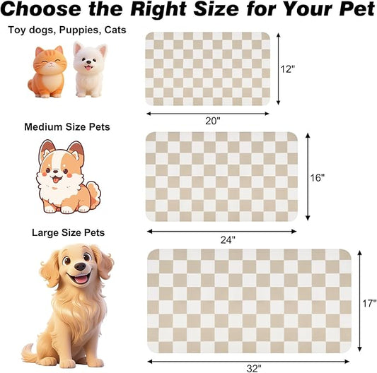Checkered Dog Food Mat, Absorbent Leak-Proof Pet Feeding Mat, Quick Dry Cat Food Mat for Messy Drinkers 17" x 32" Khaki