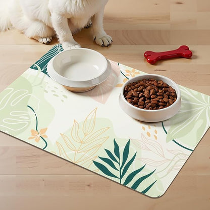 Topotdor Boho Dog Food Mat - Absorbent Quick-Dry Cat Bowl Mat for Food and Water, Non-Slip Pet Feeding Placemat for Messy Drinkers Dog Accessories Pet Supplies, 16"x24", Green
